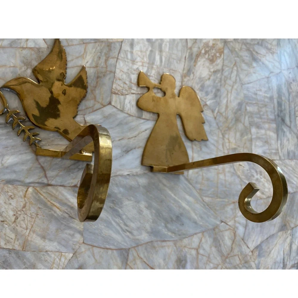 Vintage Solid Brass Christmas Stocking Holders Set of 2 Angel and Dove Gold